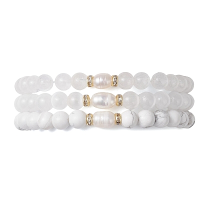 3шт. Женские браслеты из круглых бусин натурального говлита, селенита и кварца, с натуральным культивированным пресноводным жемчугом