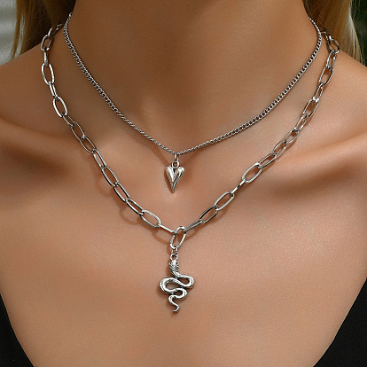 Готический стиль цинковый сплав змея сердце кулон двухслойное ожерелье унисекс украшения для вечеринок