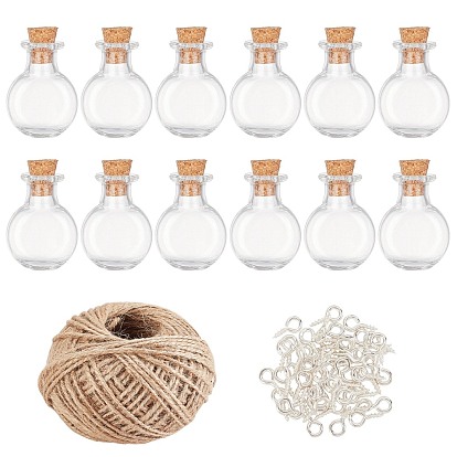 Flache runde Glasflasche, mit Korkstopfen, Ich wünsche eine Flasche, Eisenschraube Ösenstift Heringe Kautionen, Juteschnur