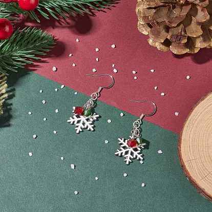 Christmas Snowflake Alloy Dangle Earrings with Glass Beads, 304 Stainless Steel Big Drop Earrings for Women