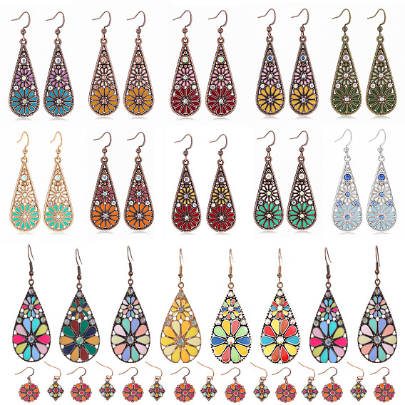 Серьги-подвески из богемского сплава с эмалью, со стразами, слезинка с цветочным узором