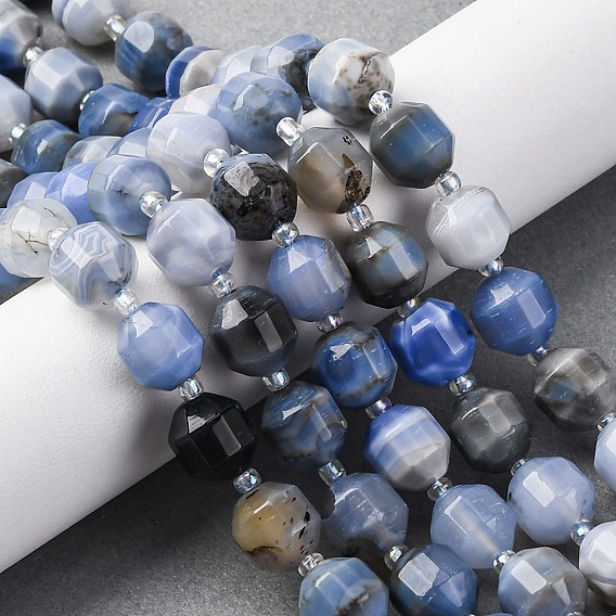 Натуральный голубой агат бисер нитей, окрашенная и подогревом, энергетическая призматическая огранка с двойными концами бусины, граненые двухконусные, с бисером
