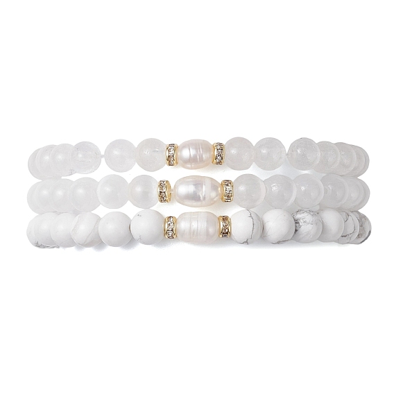 3шт. Женские браслеты из круглых бусин натурального говлита, селенита и кварца, с натуральным культивированным пресноводным жемчугом