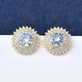 Женские серьги-гвоздики из латуни с микропаве и прозрачным кубическим цирконием, подсолнечник