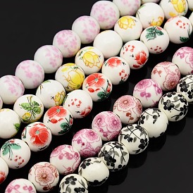 Handmade Printed Porcelain Round Beads Strands, with Flower Pattern, 10mm, Hole: 2mm, about 35pcs/strand, 13.5 inch