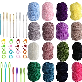 Knitting Tool Kits, with Chenille Yarn & Needle & Stitch Marker, for Blanket Pillows Craft Crochet Yarns