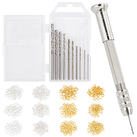DIY Jewelry Punch Hole Kit, with Iron Jump Rings & Screw Eye Pin Peg Bails, Steel Hand Twist Drill & Micro Drill Bits Set
