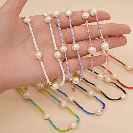 Handmade Seven-Color Rice Pearl Necklace with Mixed Beads for Women