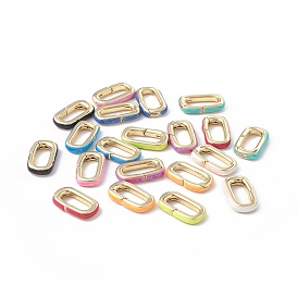 Brass Spring Gate Rings, with Enamel, Real 18K Gold Plated, Rectangle