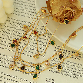 Colorful Zircon Pendant Necklace for Women, Lockbone Chain in Titanium Steel and 18K Gold