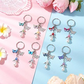 8шт. Пластиковые брелки с имитацией жемчуга, с подвесками из сплава и железными кольцами для ключей, ангел с бабочкой, платина