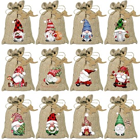 24Pcs Christmas Linen Printed Drawstring Bags, Candy Storage Supplies, Rectangle