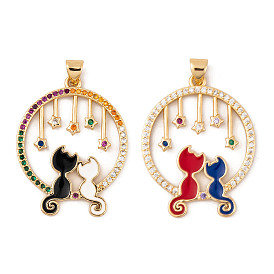 Brass Micro Pave Cubic Zirconia Pendants, with Enamel, Real 18K Gold Plated, Couple Cat Charms