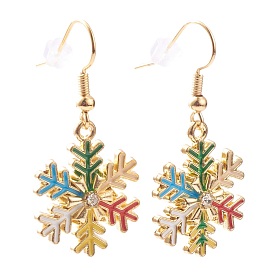Alloy Enamel Snowflake Dangle Earrings for Christmas, with Rhinestone, Brass Earring Hooks & Ear Nuts, Colorful
