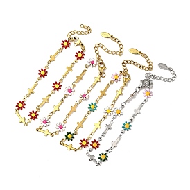 Enamel Flower & Cross Link Chain Bracelet, 304 Stainless Steel Jewelry for Women