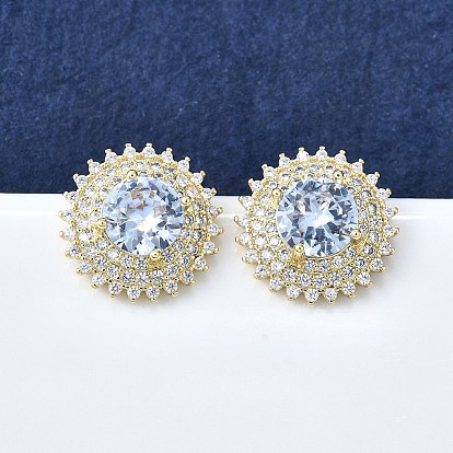 Женские серьги-гвоздики из латуни с микропаве и прозрачным кубическим цирконием, подсолнечник