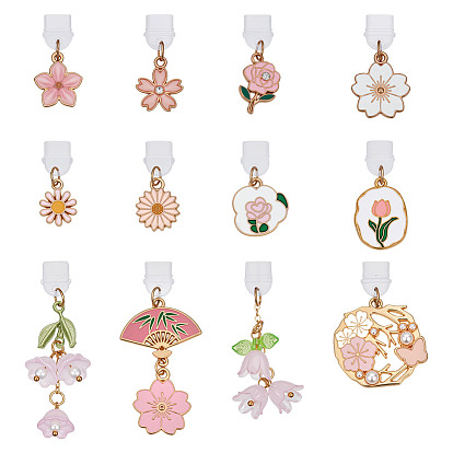 12шт пластиковые мобильные пылезащитные заглушки, с подвесками из сплава, эмали и акрила, золотые