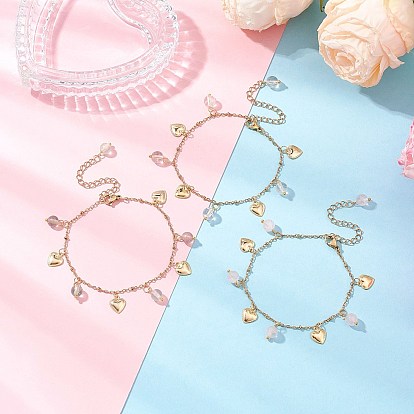 Браслеты с подвесками из натуральных драгоценных камней и круглых бусин, 304 Браслеты из нержавеющей стали с подвесками в виде сердечек для женщин