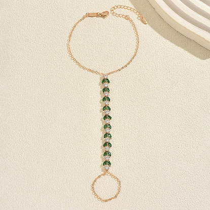 Elegant Brass Pave Clear and Green Cubic Zirconia Geometirc Slave Bracelets, Ring Connected Hand Harness Bracelets for Women
