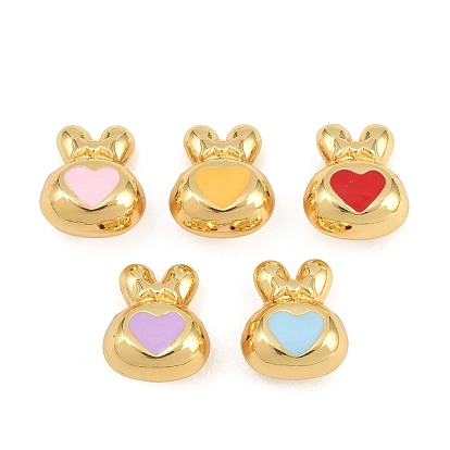 Brass Enamel Beads, Rabbit with Heart, Rack Plating, Long-Lasting Plated, Lead Free & Cadmium Free, Real 18K Gold Plated