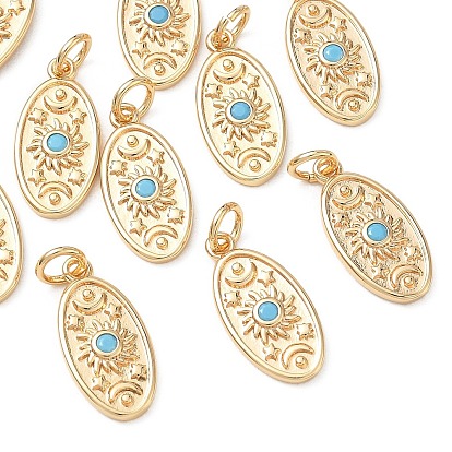 Pendentifs en laiton Shegrace sertis de micro-pavés de zircone cubique, ovale avec des breloques soleil lune étoile, sans cadmium et sans plomb et sans nickel
