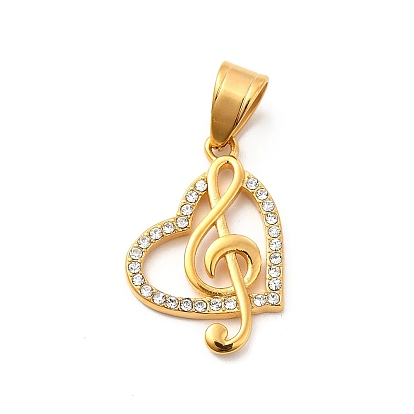 304 Stainless Steel Crystal Rhinestone Pendants, Heart & Music Note Charm, Music Lover Charm