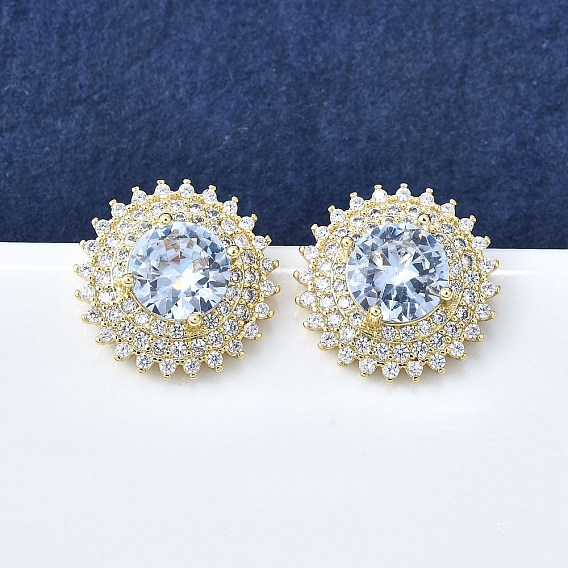 Женские серьги-гвоздики из латуни с микропаве и прозрачным кубическим цирконием, подсолнечник