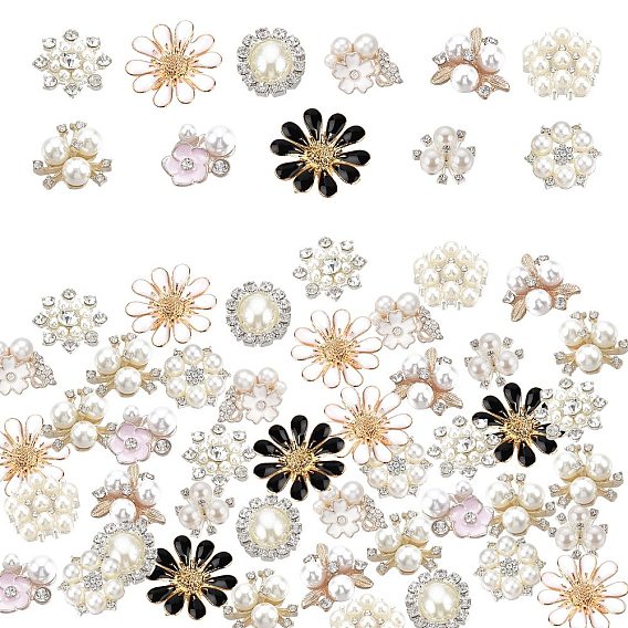 44Pcs 11 Style Alloy Cabochons, with Rhinestone/Enamel and ABS Plastic Imitation Pearl, Mixed Shape