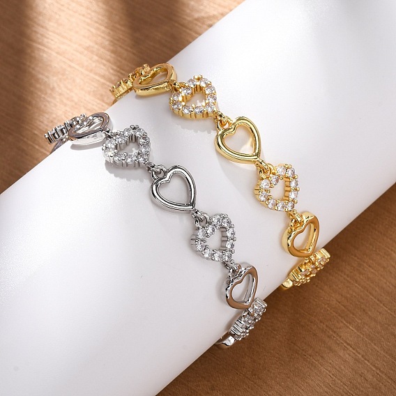 Латунные браслеты с микропаве из прозрачных кубических цирконий для женщин, полые сердца, без кадмия и без свинца, стойки покрытие, долговечный