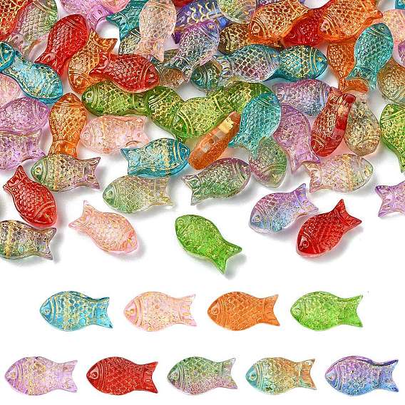 90Pcs 9 Colors Electroplate Transparent Glass Beads, Golden Metal Enlaced, Fish