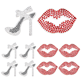 10 pièces 2 styles strass en résine thermocollants (adhésif thermofusible au dos), repasser les plaques, garniture en strass, lèvres et chaussures à talons hauts