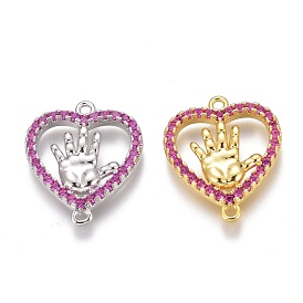 Brass Micro Pave Purple Cubic Zirconia Pendants, Long-Lasting Plated, Heart with Hand