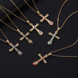 Retro Elegant Oil Zircon Cross Necklace Pendant - European and American Style, Versatile, Micro-inlaid Gold Jewelry.