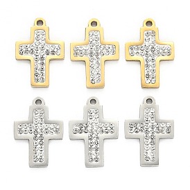 201 Stainless Steel Pendants, with Polymer Clay Crystal Rhinestone, for Religion, Cross