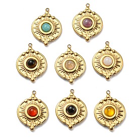 Mixed Stone Flat Round Pendants, Flat Round Charms with Ion Plating(IP) Real 24K Gold Plated 316 Stainless Steel Findings