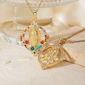 Brass Cubic Zirconia Hollow Oval Design Virgin Mary Pendant Exquisite Necklaces, Golden