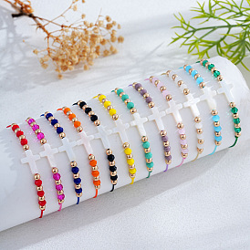12Pcs Adjustable Glass & Brass Beads Braided Bead Bracelets, Cross Natural Shell Jewelry for Women
