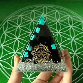 Orgonite Pyramid Resin Energy Generators, Natural Obsidian & Synthetic Turquoise Inside for Home Office Desk Decoration