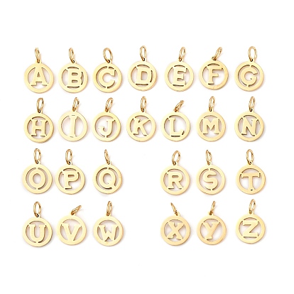 26шт. полые 304 набор подвесок из нержавеющей стали, плоские круглые с письмом ~ г, с целью перехода в кольце