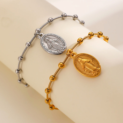 304 из нержавеющей стали шарм браслеты, браслеты-цепочки-спутники для женщин, овальные с рисунками " virgin mary"
