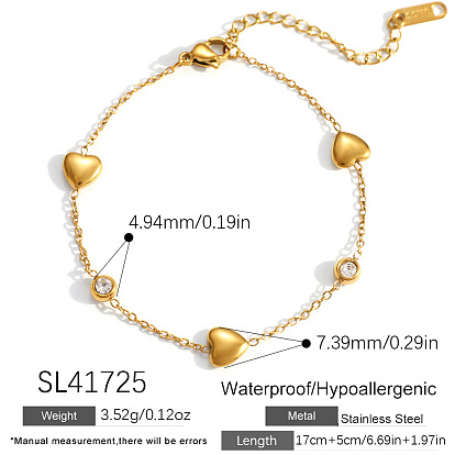 304 Браслеты из нержавеющей стали с прозрачными фианитами для женщин, Сердце & плоские круглые