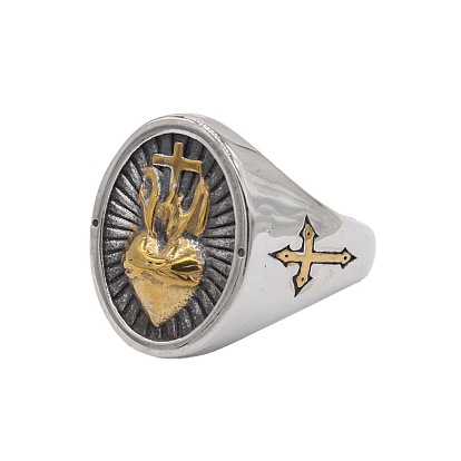 304 палец кольца из нержавеющей стали, овал со священным сердцем и крестом