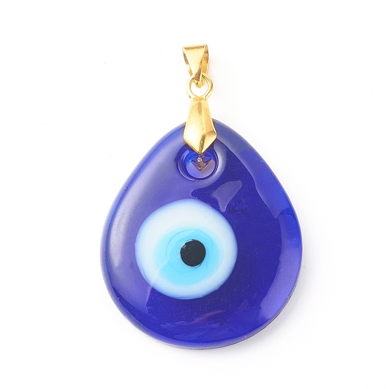 Handmade Lampwork Evil Eye Pendants, with Brass Pinch Bails, Teardrop