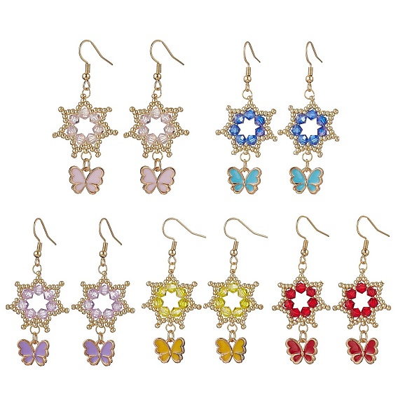 Цветок с бабочкой 304 серьги-подвески из нержавеющей стали и стеклянных бусин, с нитью из нейлоновой проволоки, сплава и эмали, золотые