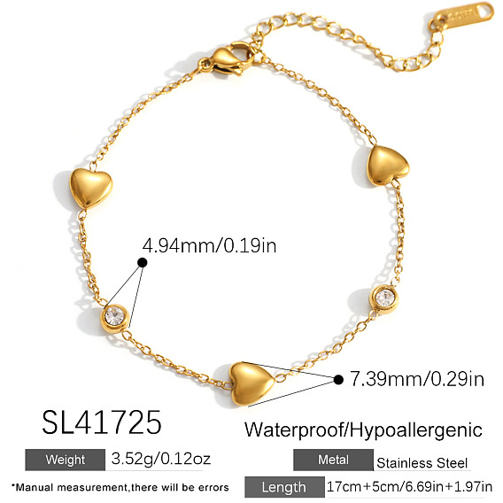 304 Браслеты из нержавеющей стали с прозрачными фианитами для женщин, Сердце & плоские круглые