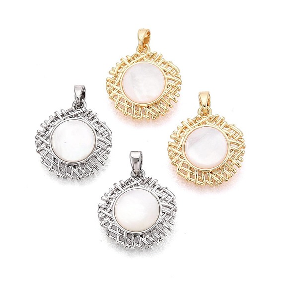 Натуральный белый оболочки подвески, плоские круглые подвески с латунными оправами