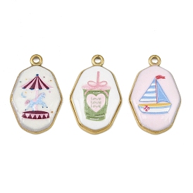 Printed 304 Stainless Steel Enamel Pendants, Octagon Charms, Ion Plating(IP), Real 18K Gold Plated