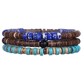 Synthetic Turquoise & Regalite & Coconut Shell Bead Stretch Bracelets Sets, Column