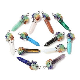 7 Chakra Pointed Gemstone Big Pendants, Chip Gems Tree Faceted Bullet Charms with Red Copper Plated Rack Plating Copper Wire Wrapped, Cadmium Free & Lead Free