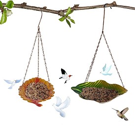 Bandeja de alimentación colgante para pájaros de hierro y hojas, comedero para pájaros al aire libre, contenedor de decoración de ramas de jardín
